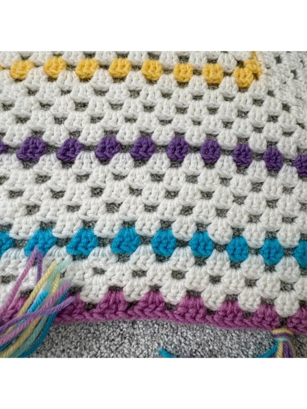 Handmade Crocheted Blanket Multi colored Tassels 32 x 30 Inches